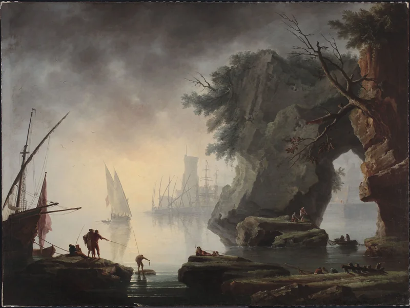 1734-Jean Henry d' Arles - Vista di un porto nella nebbia